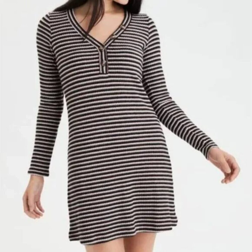 American Eagle Dress Black Striped V Neck Button Long Sleeve Ribbed Knit Small